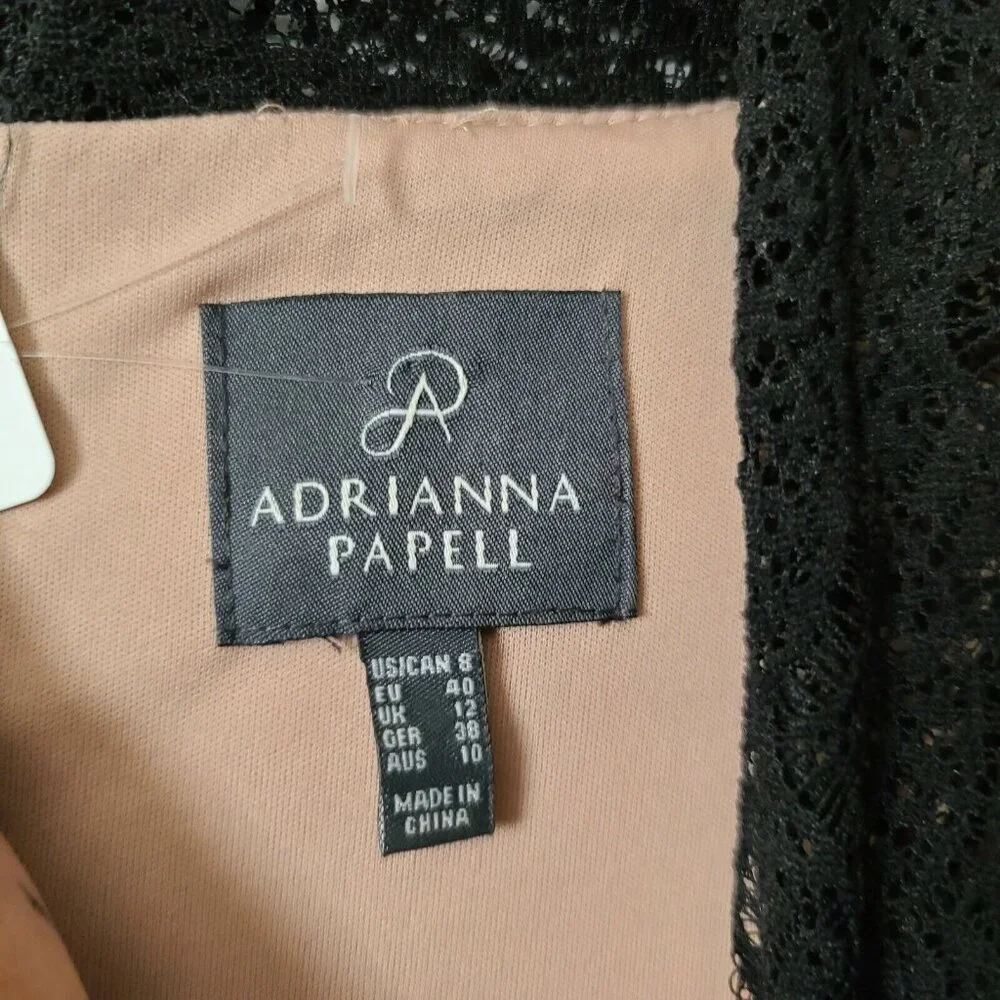 Adrianna Papell Lace Cocktail Dress Black Sz 8 Shutter Pleating Fitted V Neck - Picture 2 of 9